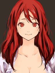 Rule 34 | 10s, 1girl, black background, breasts, cleavage, large breasts, light smile, long hair, looking at viewer, maou (maoyuu), maoyuu maou yuusha, no headwear, red eyes, red hair, simple background, solo, upper body