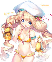 Rule 34 | 1girl, :d, arm scrunchie, bare arms, bell, bikini, blonde hair, blue eyes, blue scrunchie, breasts, character name, collarbone, cowboy shot, dual wielding, flower knight girl, hat, highres, holding, holding bell, long hair, looking at viewer, medium breasts, navel, open mouth, raised eyebrows, sandersonia (flower knight girl), scrunchie, simple background, smile, solo, sorimura youji, swimsuit, twintails, twitter username, white background, white hat, yellow bikini