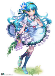 Rule 34 | 1girl, :q, absurdres, black gloves, black socks, blue dress, blue flower, blue hair, capelet, closed mouth, dress, fingerless gloves, fingernails, flower, frilled dress, frills, gloves, green eyes, green footwear, hair flower, hair ornament, hairband, highres, holding, kneehighs, kyjsogom, long hair, looking at viewer, nail polish, original, pink nails, purple flower, see-through, shoes, simple background, single glove, smile, socks, solo, standing, standing on one leg, tongue, tongue out, very long hair, watermark, web address, white background, white capelet