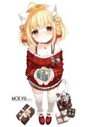 Rule 34 | 1girl, absurdres, ahoge, animal ear fluff, animal ears, blonde hair, blush, bow, box, braid, brown bow, brown skirt, cat ears, cat girl, cat tail, closed mouth, copyright request, english text, frilled sleeves, frilled sweater, frills, full body, gift, gift box, hair between eyes, highres, holding, holding gift, loading (verjuice), long sleeves, looking at viewer, nose blush, off-shoulder sweater, off shoulder, pleated skirt, red eyes, red sweater, simple background, skirt, sleeves past wrists, smile, solo, standing, sweater, tail, tail bow, tail ornament, transparent background, twin braids, watermark, web address, white background