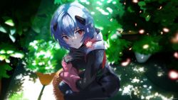 Rule 34 | 1girl, absurdres, ayanami rei, black bodysuit, blue hair, blurry, blurry background, bodysuit, botttomtext, closed mouth, commentary, day, evangelion: 3.0+1.0 thrice upon a time, flower, hair between eyes, hairpods, hat, unworn headwear, highres, interface headset, light particles, looking at viewer, neon genesis evangelion, outdoors, plant, plugsuit, rebuild of evangelion, red eyes, short hair, solo, spider lily, squatting, straw hat