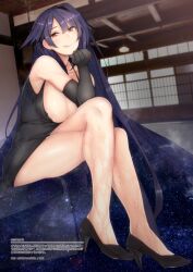Rule 34 | 1girl, absurdly long hair, arm support, bare shoulders, black dress, black footwear, black gloves, black hair, breasts, cleavage, closed mouth, comiket 97, crossed legs, dress, elbow gloves, full body, gloves, high heels, indoors, large breasts, licking lips, long hair, looking at viewer, original, red eyes, rib:y(uhki), sitting, smell, smile, solo, sweat, tongue, tongue out, very long hair