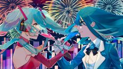 Rule 34 | ado (utaite), aerial fireworks, aqua eyes, aqua hair, black bow, black bowtie, blue eyes, blue flower, blue hair, blue jacket, blue rose, bow, bowtie, chando (ado), closed mouth, cloud nine inc, collared shirt, commentary, cup, dress, dress shirt, earpiece, elbow gloves, eye contact, fireworks, flower, flower brooch, gloves, half gloves, hatsune miku, highres, holding, holding cup, jacket, kiza minegi, long hair, long sleeves, looking at another, open clothes, open jacket, purple dress, purple gloves, rose, shirt, sidelocks, strapless, strapless dress, tokyo wa yoru (vocaloid), twintails, twitter username, upper body, utaite, vocaloid, white gloves, white shirt