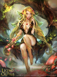 Rule 34 | 1girl, artist name, barefoot, blonde hair, blue eyes, breasts, center opening, cleavage, copyright name, dated, facial mark, flower, forehead mark, hair flower, hair ornament, highres, jewelry, leaf, legend of the cryptids, long hair, necklace, official art, petals, pointy ears, sitting, solo, tree, water, zinnadu
