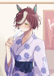 Rule 34 | 1girl, animal ears, blush, brown hair, commentary request, eating, eyepatch, floral print, food, hand up, highres, hiyo (2016.10), holding, holding food, horse ears, indoors, japanese clothes, kimono, long sleeves, multicolored hair, popsicle, print kimono, purple kimono, solo, streaked hair, tanino gimlet (umamusume), umamusume, upper body, white hair, wide sleeves, yellow eyes