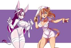 Rule 34 | 2girls, absurdres, animal ears, bandages, breasts, bubble head nurse, bubble head nurse (cosplay), cachi (lucyfer), cat ears, cat tail, cosplay, curvy, donkey ears, donkey girl, donkey tail, fang, furry, furry female, glasses, goya (lucyfer), halloween costume, hat, highres, holding, holding weapon, knife, large breasts, long hair, looking at viewer, lucyfer, miniskirt, multiple girls, mummy, mummy (cosplay), nail polish, nurse, nurse cap, original, shiny skin, silent hill, simple background, skirt, smile, tail, weapon, wide hips