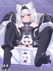 Rule 34 | animal ears, armlet, bare shoulders, black bodysuit, black hairband, black sleeves, black thighhighs, bodysuit, box, breasts, chibi, claws, detached sleeves, grey eyes, grey hair, grey sleeves, hair intakes, hairband, heterochromia, highres, in box, in container, layered sleeves, ling yi i, long hair, looking at viewer, middle finger, mismatched pupils, no.21: feral scent (punishing: gray raven), no.21 (punishing: gray raven), punishing: gray raven, purple eyes, sidelocks, sleeveless, sleeveless bodysuit, sleeves past fingers, sleeves past wrists, small breasts, symbol-shaped pupils, thighhighs, white hair, wolf ears