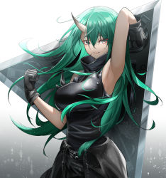 Rule 34 | 1girl, arknights, arm up, armband, armor, armpits, black gloves, black pants, black shirt, breastplate, breasts, clenched hand, closed mouth, clothes around waist, commentary, cowboy shot, expressionless, facial scar, gloves, gradient background, green hair, grey background, hair between eyes, hannya (arknights), highres, holding, holding shield, horns, hoshiguma (arknights), large breasts, long hair, looking at viewer, pants, ri qing, scar, scar on cheek, scar on face, shield, shirt, simple background, single horn, skin-covered horns, sleeveless, sleeveless shirt, solo, turtleneck, white background