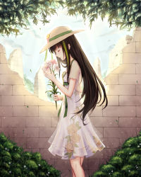 Rule 34 | 1girl, absurdres, black hair, day, closed eyes, facing away, flower, from side, girls&#039; frontline, green ribbon, hat, hat ribbon, highres, holding, holding flower, long hair, ribbon, short sleeves, solo, sun hat, xing muhen