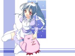 Rule 34 | 00s, 1girl, apron, bandaid, blush, broccoli (company), dress, full moon, galaxy angel, green hair, highres, long sleeves, looking at viewer, moon, non-web source, normad, puffy long sleeves, puffy sleeves, purple dress, red eyes, solo, stuffed animal, stuffed toy, thighhighs, tiara, vanilla h, white thighhighs