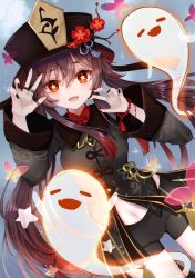 Rule 34 | 1girl, bad id, bad pixiv id, black hat, black nails, black shorts, brown hair, coattails, collared coat, dutch angle, flower-shaped pupils, genshin impact, ghost, ghost pose, grey background, hat, highres, hu tao (genshin impact), jewelry, looking at viewer, multiple rings, nail polish, navel, open mouth, porkpie hat, red eyes, ring, sakura mochiko, shorts, solo, symbol-shaped pupils, thumb ring, twintails