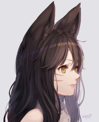Rule 34 | 1girl, a.t. zero, ahri (league of legends), animal ears, brown hair, closed mouth, collarbone, dated, facial mark, fox ears, from side, grey background, hair between eyes, league of legends, lips, long hair, simple background, solo, twitter username, whisker markings, yellow eyes