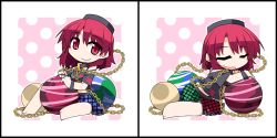 Rule 34 | 1girl, blush, chain, chibi, clothes writing, collar, earth (ornament), hecatia lapislazuli, hemogurobin a1c, moon (ornament), multicolored clothes, multicolored skirt, open mouth, red eyes, red hair, saliva, shirt, skirt, sleeping, solo, t-shirt, touhou