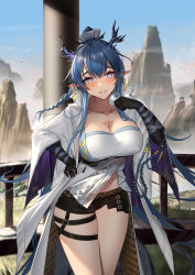 Rule 34 | 1girl, absurdres, anming, arknights, black gloves, black shorts, blue eyes, blue hair, blush, braid, breasts, chinese commentary, coat, collarbone, commentary request, cowboy shot, day, dragon horns, earrings, elbow gloves, gazebo, gloves, hand on own chest, highres, holding, horns, jewelry, large breasts, leaning forward, ling (arknights), long hair, long sleeves, looking at viewer, mountain, open clothes, open coat, outdoors, parted lips, pointy ears, pouring, pouring onto self, shirt, short shorts, shorts, skindentation, smile, solo, sunlight, thigh strap, very long hair, white coat, white shirt, wide sleeves