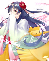Rule 34 | 1girl, absurdres, black hair, closed mouth, flower, hair ornament, hanakoto igusa, highres, japanese clothes, kimono, long hair, looking at viewer, rascala39, ribbon, shrims, simple background, skirt, smile, solo, standing, virtual youtuber, yellow eyes