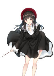 Rule 34 | 1girl, bare legs, conductor baton, beret, black dress, black eyes, black hair, blush, clothes lift, commentary request, dress, dress lift, feet out of frame, finger to mouth, hand up, hat, highres, holding, index finger raised, lace, lace-trimmed dress, lace-trimmed sleeves, lace trim, long hair, long sleeves, looking at viewer, original, parted lips, piripun, red hat, shushing, sidelocks, simple background, smile, solo, standing, thighs, white background