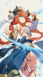 Rule 34 | 1girl, aqua eyes, arm up, armpit crease, armpits, ass, blue veil, brooch, circlet, fake horns, genshin impact, gold trim, harem outfit, highres, horns, jewelry, long hair, long sleeves, looking at viewer, m.q (mqkyrie), neck ring, nilou (genshin impact), ponytail, puffy long sleeves, puffy sleeves, red hair, sidelocks, simple background, solo, thighlet, veil, white headdress, white veil