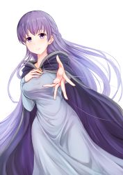 Rule 34 | 1girl, absurdly long hair, absurdres, belly chain, blue dress, breasts, cloak, dress, eeryuu (2004107), fire emblem, fire emblem: the binding blade, hand on own chest, highres, jewelry, large breasts, lavender dress, long hair, long sleeves, nintendo, outstretched arm, purple eyes, purple hair, simple background, solo, sophia (fire emblem), very long hair, white background, wide hips