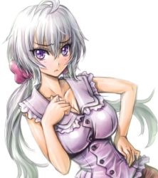 Rule 34 | 10s, 1girl, ahoge, amania orz, breasts, cleavage, female focus, frown, hand on own hip, large breasts, long hair, looking at viewer, low twintails, purple eyes, senki zesshou symphogear, shy, silver hair, simple background, sleeveless, solo, twintails, upper body, white background, yukine chris