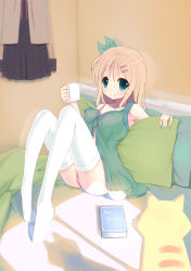 Rule 34 | 1girl, blonde hair, blue eyes, blush, book, camisole, cat, cup, hair ornament, hair ribbon, hairclip, looking at viewer, no shoes, on bed, original, pillow, ribbon, ririko (zhuoyandesailaer), sitting, smile, solo, thighhighs, white thighhighs