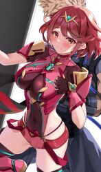 Rule 34 | 1boy, 1girl, armor, backlighting, behind another, blush, breasts, chest jewel, closed mouth, clothing cutout, core crystal (xenoblade), covered navel, drop earrings, earrings, fingerless gloves, gem, gloves, gluteal fold, hand on own chest, headpiece, highres, hip vent, impossible clothes, impossible leotard, jewelry, large breasts, leotard, matrix16, orange eyes, paid reward available, pyra (xenoblade), red hair, red shorts, rex (xenoblade), short hair, shorts, side cutout, skindentation, smile, solo focus, swept bangs, thighhighs, thighs, tiara, xenoblade chronicles (series), xenoblade chronicles 2, xenoblade chronicles 3