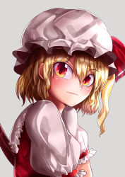 Rule 34 | 1girl, absurdres, blonde hair, blouse, blush, closed mouth, flandre scarlet, frilled shirt collar, frilled sleeves, frills, from side, grey background, hat, hat ribbon, highres, looking at viewer, looking to the side, mahoro (minase mahoro), medium hair, mob cap, orange eyes, puffy short sleeves, puffy sleeves, red ribbon, red vest, ribbon, shirt, short sleeves, side ponytail, simple background, solo, touhou, upper body, vest, white hat, white shirt, wings