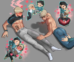 Rule 34 | &gt; &lt;, 2boys, abs, ass, bara, bare pectorals, black hair, black shirt, blonde hair, blue pants, blue sweater, blush, closed mouth, clothes lift, couple, grey background, grey pants, hug, large pectorals, male focus, mochicchii69, multiple boys, muscular, muscular male, navel, nipples, one eye closed, open mouth, pants, pectorals, scott pilgrim (series), scott pilgrim takes off, shirt, shirt lift, short hair, simple background, smile, stomach tattoo, sweater, tattoo, teeth, todd ingram, topless male, wallace wells, wristband, yaoi