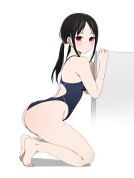 Rule 34 | 1girl, absurdres, ass, bare arms, bare legs, bare shoulders, barefoot, black hair, blue one-piece swimsuit, blush, breasts, closed mouth, competition swimsuit, coro fae, expressionless, feet, from side, full body, highleg, highleg swimsuit, highres, kaguya-sama wa kokurasetai ~tensai-tachi no renai zunousen~, kneeling, long hair, looking at viewer, low twintails, one-piece swimsuit, paid reward available, parted bangs, red eyes, shadow, shinomiya kaguya, sidelocks, simple background, small breasts, solo, swimsuit, toes, turning head, twintails, white background