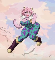 Rule 34 | 1girl, ashido mina, ass, bare arms, black sclera, bodysuit, boku no hero academia, boots, breasts, cherry blossoms, cleavage, collarbone, colored sclera, colored skin, full body, fur trim, highres, horns, kyelyn, large breasts, messy hair, open mouth, pink hair, pink skin, short hair, sky, smile, solo, thick thighs, thighs, tongue, yellow eyes