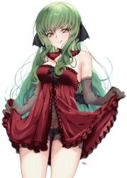 1girl :d absurdres animal_ears babydoll bat_ears bat_wings black_gloves black_panties breasts budgiepon c.c. code_geass detached_collar elbow_gloves feet_out_of_frame floral_print gloves green_hair highres lace_trim long_hair looking_at_viewer open_mouth panties pubic_tattoo red_babydoll red_nails revealing_clothes simple_background skirt_hold smile solo tattoo underwear white_background white_gloves wings yellow_eyes