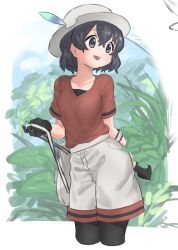 Rule 34 | 1girl, :d, absurdres, backpack, bad id, bad pixiv id, bag, black eyes, black gloves, black hair, black pantyhose, collarbone, commentary, cropped legs, gloves, hair between eyes, hat feather, highres, kaban (kemono friends), kemono friends, kona ming, pantyhose under shorts, looking away, open mouth, pantyhose, red shirt, shirt, short hair, short sleeves, shorts, smile, solo, white headwear, white shorts