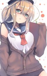 Rule 34 | 10s, 1girl, aqua eyes, beret, blonde hair, book, bookmark, breasts, cardigan, circle, dyson (edaokunnsaikouya), eyebrows, glasses, hair between eyes, hat, head tilt, holding, holding book, i-8 (kancolle), kantai collection, long sleeves, looking at viewer, medium breasts, off shoulder, one-piece swimsuit, partially unbuttoned, red-framed eyewear, school swimsuit, school uniform, semi-rimless eyewear, serafuku, sidelocks, sleeveless, sleeves past wrists, solo, swimsuit, swimsuit under clothes, under-rim eyewear, upper body, white background, white hat