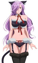 Rule 34 | 00s, 1girl, absurdres, animal ears, asu no yoichi, bell, black panties, bra, breasts, cat ears, cat girl, cat tail, female focus, fur, garter belt, hair over one eye, highres, jingle bell, large breasts, lingerie, long hair, non-web source, panties, purple hair, ribbon, simple background, solo, standing, tail, takatsukasa angela, thighhighs, transparent background, underwear, vector trace, very long hair
