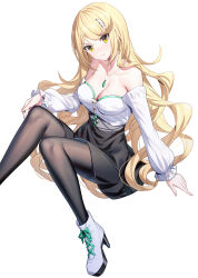 Rule 34 | 1girl, bare shoulders, black pantyhose, black skirt, blush, breasts, cleavage, collarbone, high heels, highres, jewelry, large breasts, long hair, long sleeves, looking at viewer, mythra (xenoblade), necklace, off shoulder, pantyhose, pendant, ririko (zhuoyandesailaer), shirt, sidelocks, skirt, smile, solo, swept bangs, white background, white footwear, white shirt, xenoblade chronicles (series), xenoblade chronicles 2, yellow eyes