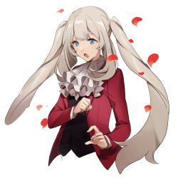 Rule 34 | 1girl, ace attorney, black ribbon, blonde hair, blue eyes, cosplay, fate/apocrypha, fate/grand order, fate (series), formal, hair ribbon, highres, jacket, long braid, long hair, marie antoinette (fate), miles edgeworth, miles edgeworth (cosplay), no-kan, ribbon, simple background, solo, upper body, white background