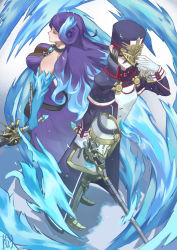 Rule 34 | 2girls, armor, breasts, brighid (xenoblade), collarbone, dual wielding, closed eyes, fire, gloves, hat, highres, holding, long hair, medium breasts, military, military hat, military uniform, morag ladair (xenoblade), multiple girls, nintendo, pauldrons, purple hair, reverse trap, shoulder armor, simple background, smile, sou (pale 1080), uniform, xenoblade chronicles (series), xenoblade chronicles 2, xenoblade chronicles (series), xenoblade chronicles 2