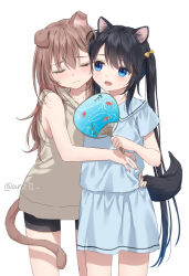 Rule 34 | 2girls, :d, animal ears, bare shoulders, bike shorts, black hair, black shorts, blue eyes, blue shirt, blue skirt, blush, bow, brown hair, brown hoodie, cat ears, cat girl, cat tail, closed eyes, closed mouth, collared shirt, commentary request, dog ears, dog girl, dog tail, hair between eyes, hair bow, hand fan, holding, holding fan, hood, hood down, hoodie, long hair, multiple girls, nina (yumoran), open mouth, original, paper fan, shirt, short shorts, short sleeves, shorts, simple background, skirt, sleeveless, sleeveless hoodie, smile, standing, sweat, tail, twintails, twitter username, uchiwa, umi (yumoran), very long hair, wavy mouth, white background, yellow bow, yumoran