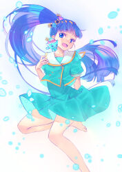 Rule 34 | 1girl, alternate hair color, alternate hairstyle, arm behind back, barefoot, blue dress, blue eyes, blue hair, blue jacket, commentary, cropped jacket, delicious party precure, dress, flower, hair flower, hair ornament, hair up, highres, jacket, jj (ssspulse), kasai amane, leg up, long hair, looking at viewer, open mouth, pleated dress, ponytail, precure, recipipi, short dress, short sleeves, smile, solo, standing, standing on one leg