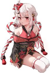 Rule 34 | 1girl, absurdres, armpit crease, bare shoulders, bell, breasts, collarbone, double bun, gradient hair, grey hair, grin, hair bell, hair bun, hair ornament, highres, hololive, horns, jingle bell, long hair, long sleeves, looking at viewer, mask, mask on head, multicolored hair, nakiri ayame, obi, obijime, oni, oni mask, pink hair, red hair, rope, sash, shimenawa, shiriaru (jjonaeng), simple background, sitting, skin-covered horns, small breasts, smile, solo, streaked hair, tassel, tassel hair ornament, thighhighs, thighs, very long hair, virtual youtuber, white background, white thighhighs, wide sleeves