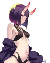 Rule 34 | 1girl, bare shoulders, bob cut, breasts, collarbone, eyeliner, fate/grand order, fate (series), horns, japanese clothes, kimono, long sleeves, looking at viewer, makeup, navel, off shoulder, oni, purple eyes, purple hair, purple kimono, revealing clothes, short hair, shuten douji (fate), skin-covered horns, small breasts, solo, spider apple, wide sleeves