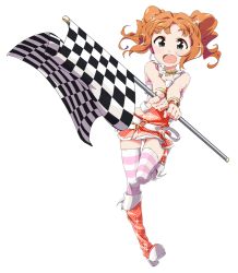 Rule 34 | 1girl, brown hair, checkered flag, flag, full body, green eyes, idolmaster, idolmaster (classic), long hair, race queen, striped clothes, striped thighhighs, takatsuki yayoi, takeya yuuki, thighhighs, transparent background, twintails