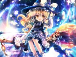 Rule 34 | 1girl, blonde hair, braid, broom, broom riding, fang, female focus, glowing, hand on headwear, hat, kirisame marisa, long hair, no nose, onineko, open mouth, sidesaddle, smile, solo, star (symbol), touhou, witch, witch hat, yellow eyes