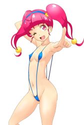 Rule 34 | 1girl, ;d, arm behind head, breasts, collarbone, covered erect nipples, groin, hair ornament, highres, hoshina hikaru, long hair, navel, one eye closed, open mouth, pink eyes, pink hair, pointing, pointing at viewer, precure, slingshot swimsuit, small breasts, smile, star (symbol), star hair ornament, star twinkle precure, swimsuit, tof, twintails