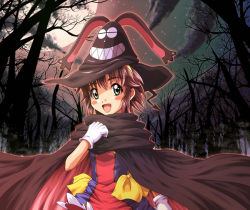 Rule 34 | cape, flat chest, forest, gloves, green eyes, hat, moon, nature, night, red hair, renkin san-kyuu magical pokaan, sentaro, short hair, solo, witch hat, yuuma (renkin san-kyuu magical pokaan)