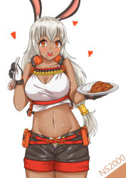 Rule 34 | 1girl, animal ears, belt, belt buckle, belt pouch, black gloves, black shorts, black vest, blush, bow, bow panties, breasts, buckle, character name, cleavage, covered erect nipples, crop top, crop top overhang, curry, curry rice, dark-skinned female, dark skin, food, food on face, girls&#039; frontline, gloves, hair between eyes, hair ornament, heart, hei yan, highres, holding, holding food, holding plate, holding spoon, large breasts, long hair, looking at viewer, low tied hair, midriff, navel, ns2000 (girls&#039; frontline), open mouth, panties, plate, pouch, rabbit ears, red eyes, rice, short shorts, shorts, shotgun shell, simple background, smile, solo, spoon, underwear, vest