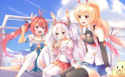 Rule 34 | 3girls, :d, animal, animal ears, antenna hair, azur lane, bad id, bad pixiv id, bailey (azur lane), bare shoulders, benson (azur lane), bird, black legwear, blonde hair, blue skirt, blue sky, blush, breasts, brown eyes, camisole, carrot hair ornament, chain-link fence, chick, cloud, cloudy sky, collarbone, commentary request, day, detached sleeves, doughnut, fence, food, food-themed hair ornament, french cruller, hair between eyes, hair ornament, hairband, holding, holding food, jacket, laffey (azur lane), long hair, long sleeves, medium breasts, multiple girls, off-shoulder shirt, off shoulder, open clothes, open jacket, open mouth, outdoors, overall shorts, overalls, parted lips, pastry box, pink jacket, pleated skirt, rabbit ears, red eyes, red hairband, red skirt, shirt, short sleeves, side ponytail, sidelocks, silver hair, skirt, sky, smile, strap slip, tears, thighhighs, trend kill, twintails, very long hair, white camisole, white hairband, white legwear, white shirt