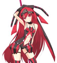 Rule 34 | 1girl, aka no ripika, arm up, armpits, bare shoulders, beatmania, beatmania iidx, colored eyelashes, contrapposto, hair ornament, hairband, kuro (be ok), long hair, looking at viewer, navel, red eyes, red hair, skindentation, smile, solo, standing, striped clothes, striped thighhighs, thigh strap, thighhighs, vertical-striped clothes, vertical-striped thighhighs, very long hair, white background