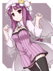 Rule 34 | 1girl, black thighhighs, blush, bow, capelet, cleavage cutout, clothing cutout, crescent, dress, dutch angle, hair bow, hat, jpeg artifacts, long hair, long sleeves, looking away, mob cap, outside border, patchouli knowledge, pink eyes, purple hair, simple background, solo, strapless, strapless dress, striped clothes, striped dress, thighhighs, tokugawa landine, touhou, vest, wide sleeves, zettai ryouiki