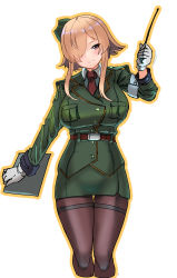 Rule 34 | 1girl, absurdres, black pantyhose, blush, breast pocket, breasts, brown eyes, commentary request, cropped legs, garrison cap, gloves, green hat, green jacket, green skirt, hair over one eye, hat, hey taisyou, highres, holding, jacket, large breasts, light brown hair, long sleeves, looking at viewer, military, military uniform, necktie, original, pantyhose, parted lips, pencil skirt, pocket, red necktie, riding crop, short hair with long locks, skirt, solo, thigh strap, tilted headwear, uniform, white gloves
