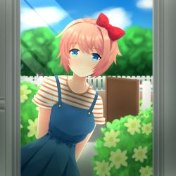 Rule 34 | 1girl, absurdres, arms behind back, blue eyes, blue overalls, blue skirt, bow, bush, buttons, casual, cloud, collarbone, doki doki literature club, doorway, female focus, fence, flower, gate, hair bow, head tilt, highres, light rays, littlewing1st, looking at viewer, orange shirt, outdoors, overalls, peeking out, picket fence, pink hair, pleated skirt, red bow, red headwear, sayori (doki doki literature club), shirt, short hair, short sleeves, skirt, sky, smile, solo, standing, striped clothes, striped shirt, sunlight, tree, white shirt, wooden fence, yellow flower